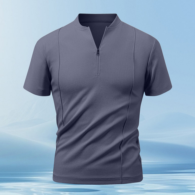 Casual men's Piqué set with stretchy, breathable fabric. Quarter-zip top & comfortable drawstring shorts.