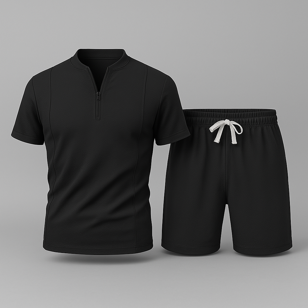 Man relaxing in a stylish, breathable men's Piqué lounge set with quarter-zip top and drawstring shorts.