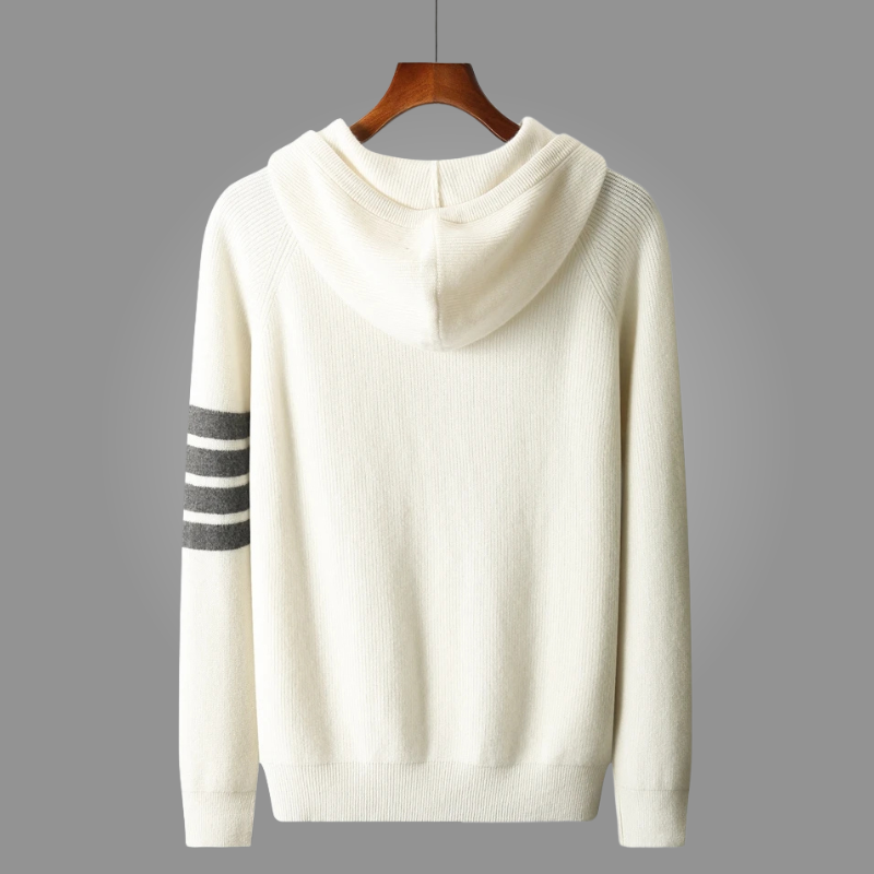 Close-up of men's relaxed fit pullover hoodie, showcasing soft fabric and comfortable hood.