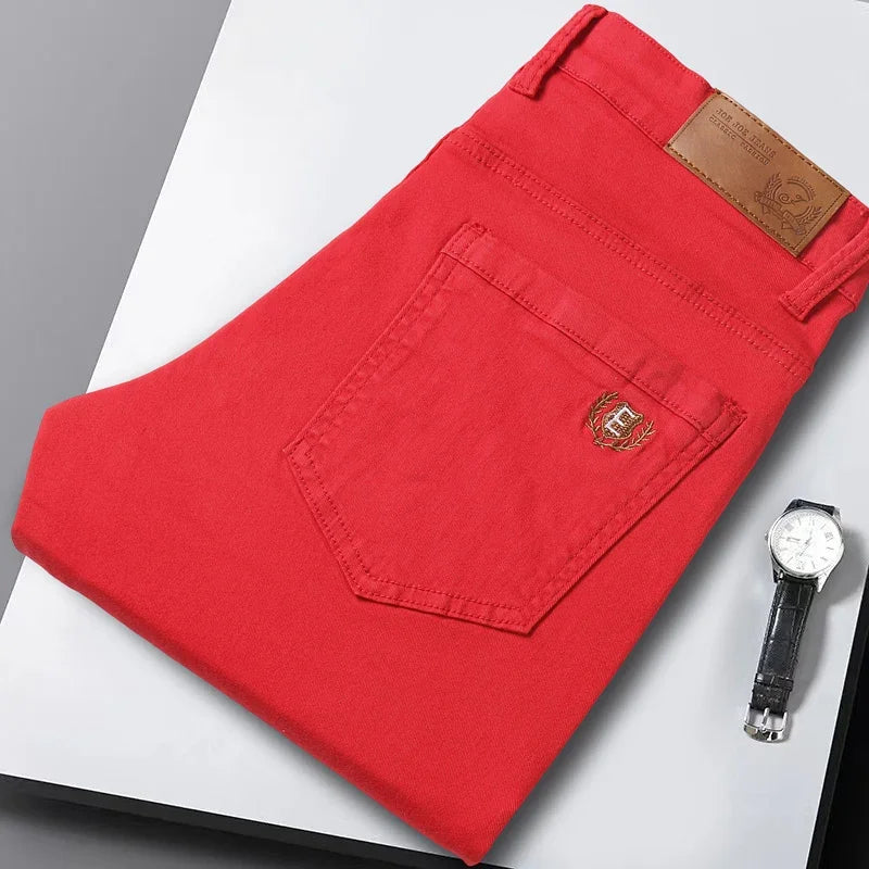Wrinkle-resistant men's ultra-comfort stretch denim jeans, perfect for easy everyday wear.