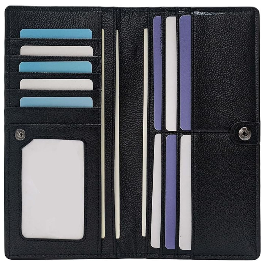 Open view of men's slim RFID blocking leather wallet showing organized card slots and cash pocket.