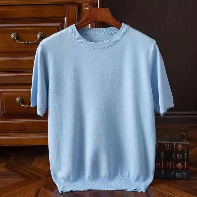 Close-up of men's luxury comfort crew neck t-shirt. Ultra soft fabric for premium everyday feel.