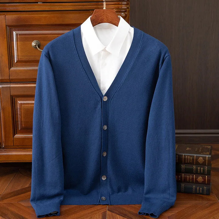 Comfortable men's soft knitwear cardigan, a versatile layering piece for everyday outfits and winter fashion.