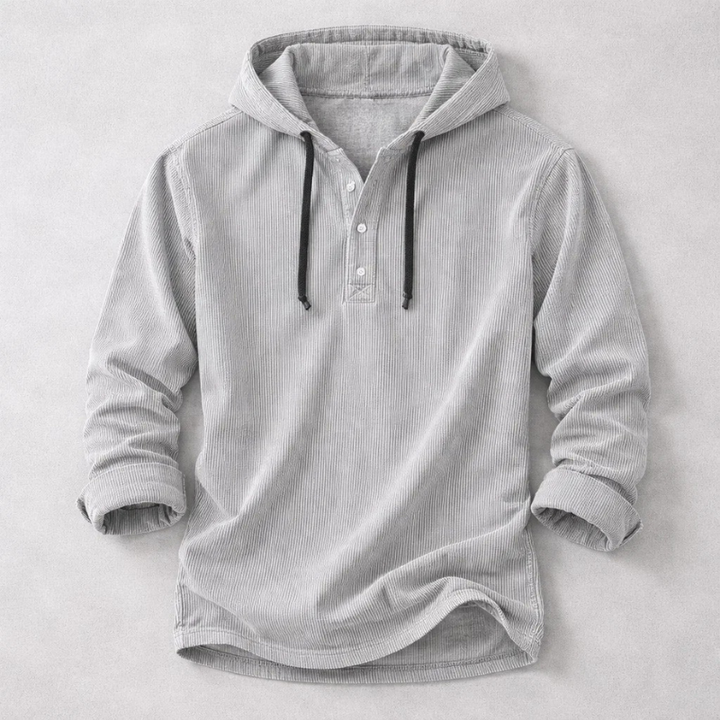 Cozy charcoal gray men's hoodie with ribbed details, perfect for winter casual wear. Ultra-soft tailored sweatshirt.
