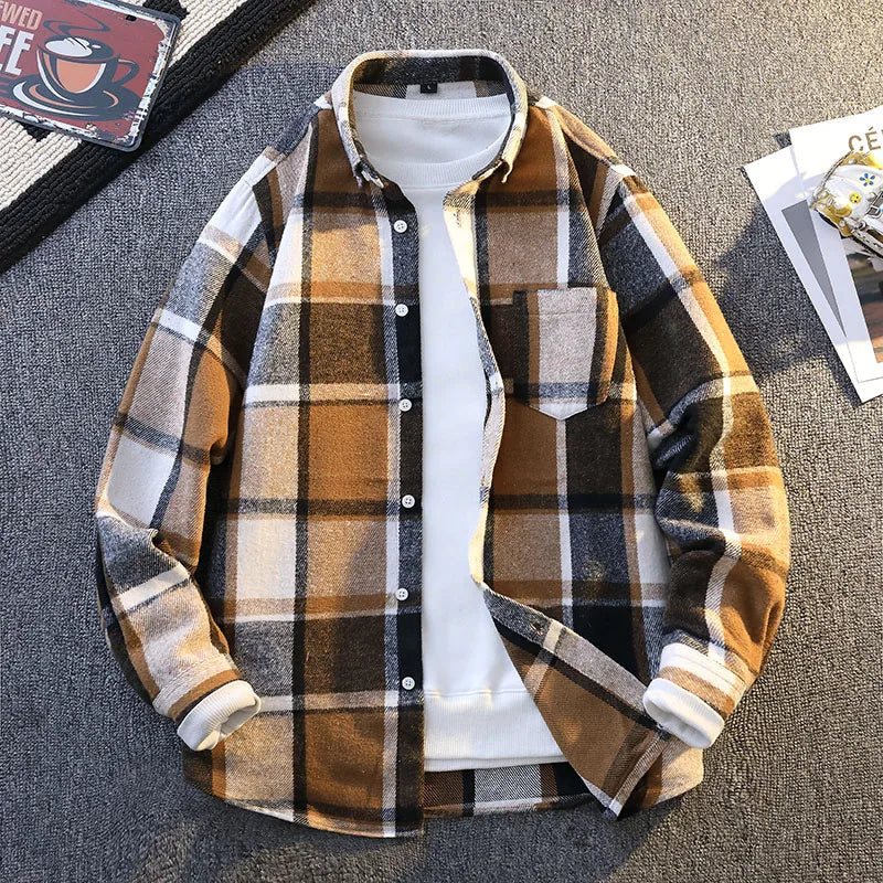 Men's ultra-soft plaid button-up shirt for casual wear, long sleeve & warm.