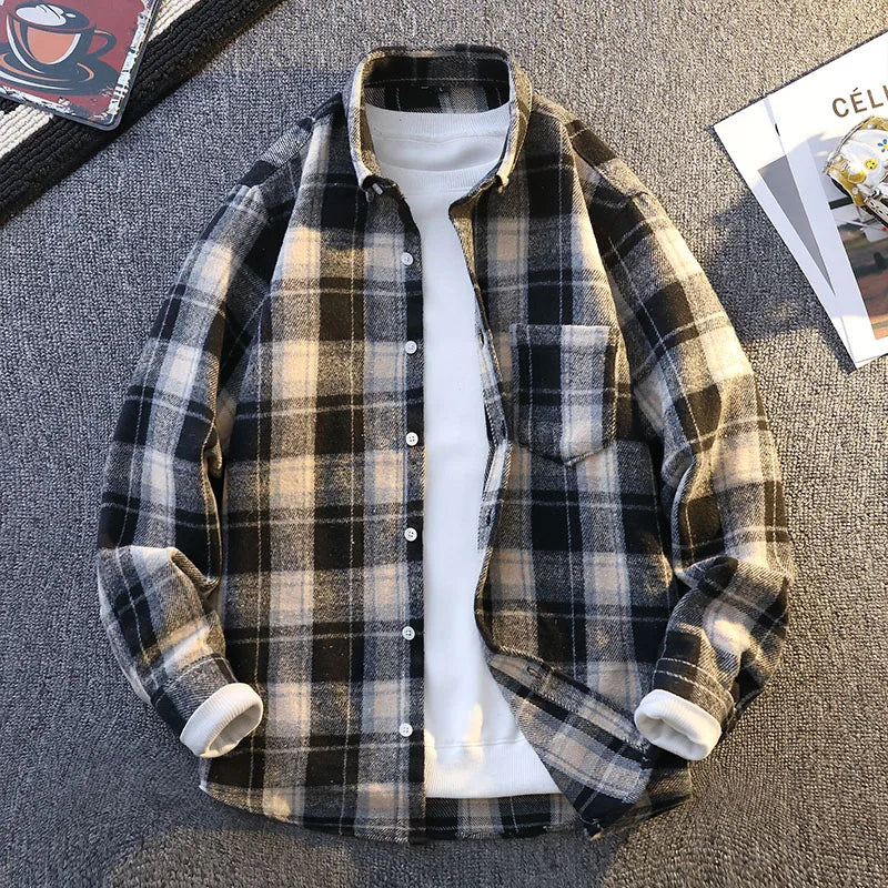 Back view of a men's long sleeve plaid shirt, showcasing its rugged, comfortable design.