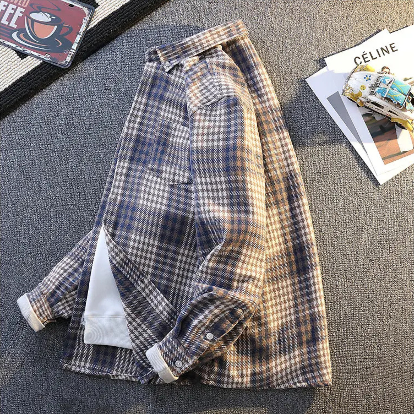 Stylish men's plaid button-up shirt, ultra-soft long sleeve, perfect for warm casual layering.
