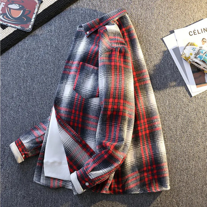 Front view of men's ultra-soft plaid button-up shirt, ideal for casual layering & warmth.