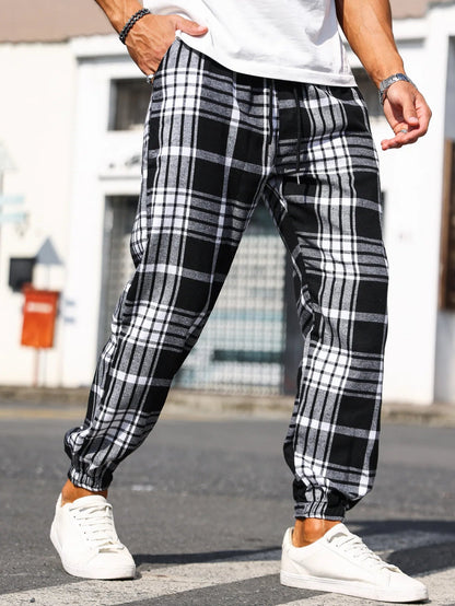 Versatile men's plaid joggers: comfortable lounge wear and stylish casual street pants.