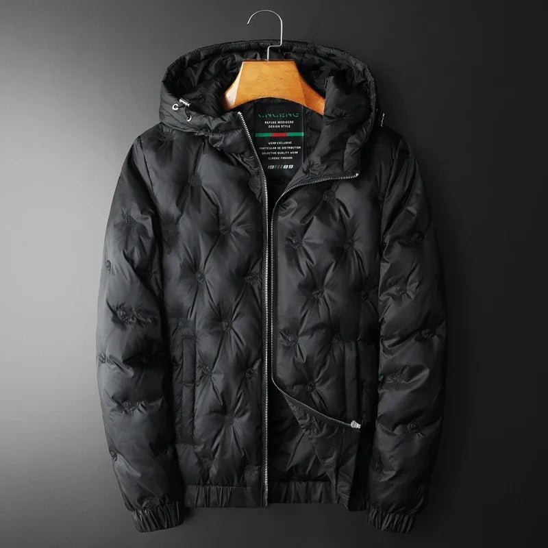 Close-up of men's quilted winter jacket fabric, showcasing warm, durable puffer material.