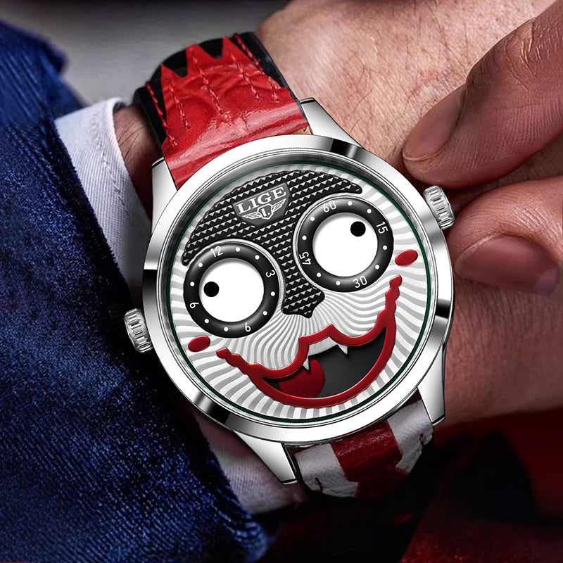 Studio shot: Men's bold chronograph watch, polished stainless steel case, striking black dial.