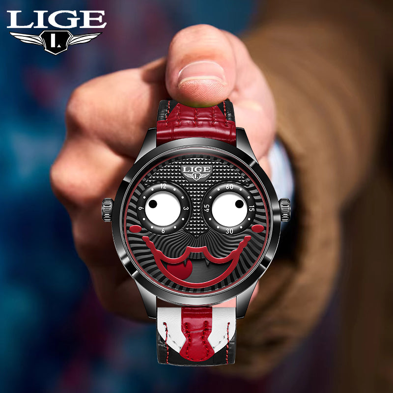 Fashionable men's watch, bold chronograph, brown leather strap on a dark background.