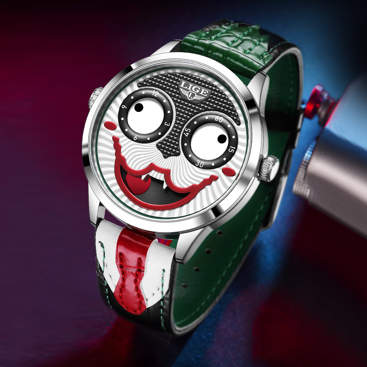 Close-up: Men's bold chronograph watch, stainless steel case, detailed black dial, leather strap.