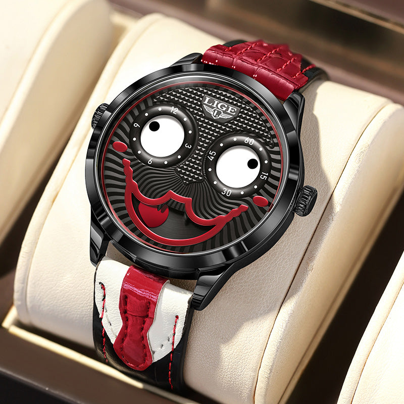 Dynamic shot of a men's unique chronograph watch, bold dial, a true statement timepiece.