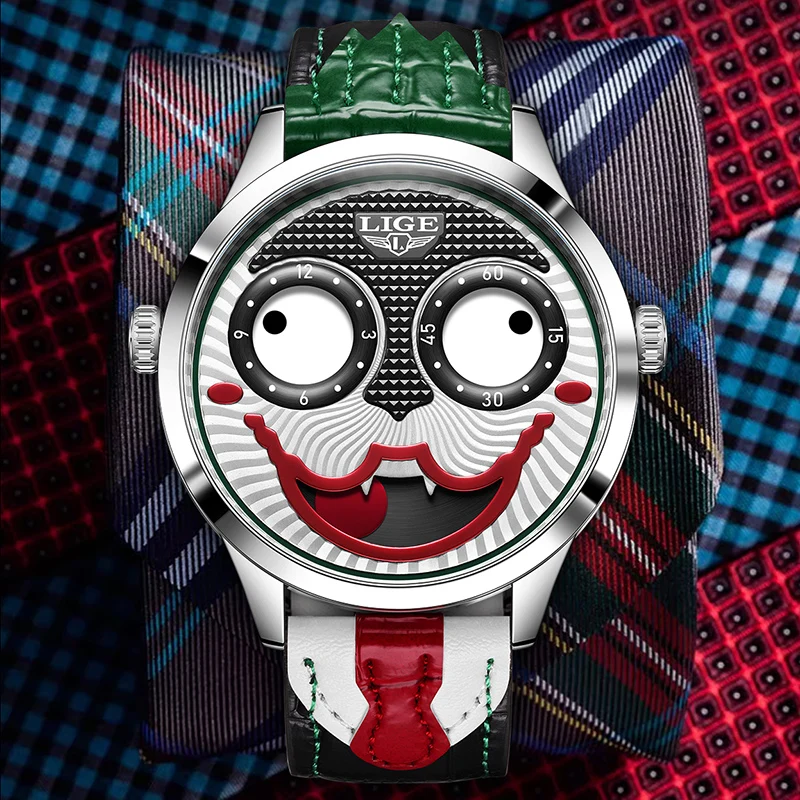 Stylish men's chronograph watch with black leather strap & striking dial on wrist.