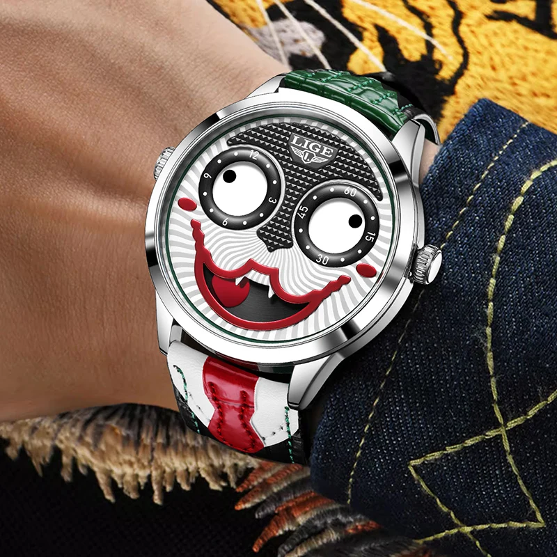 Men's stainless steel chronograph watch with a rich brown leather band, bold dial.
