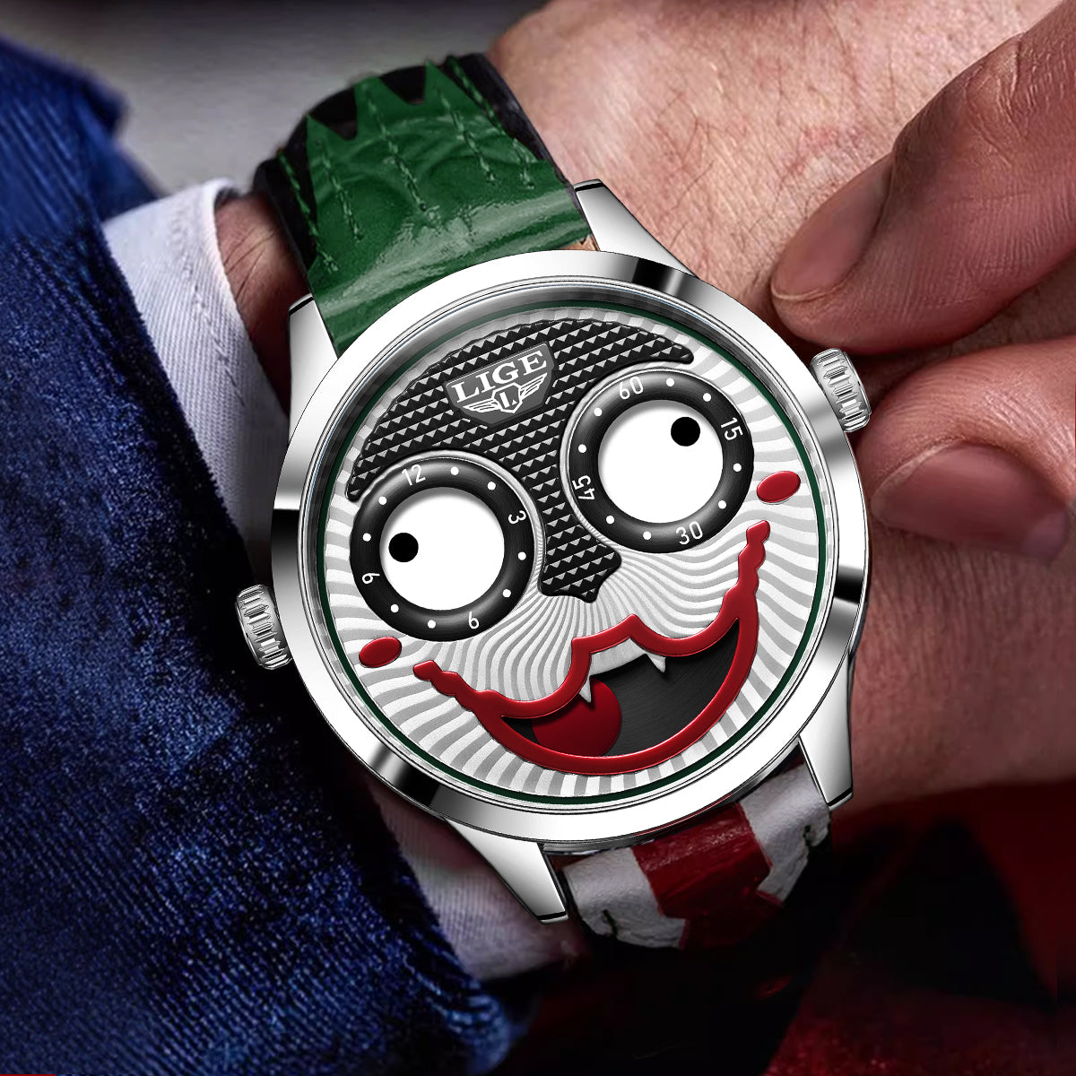 Elegant men's watch, unique chronograph design, a bold fashion accessory, black dial.