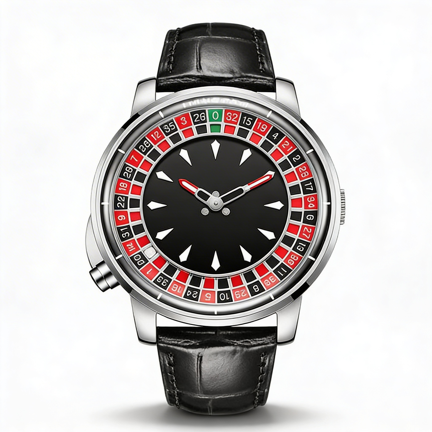 Men's unique roulette dial statement watch with a sleek black face and silver alloy case. Fashion timepiece.