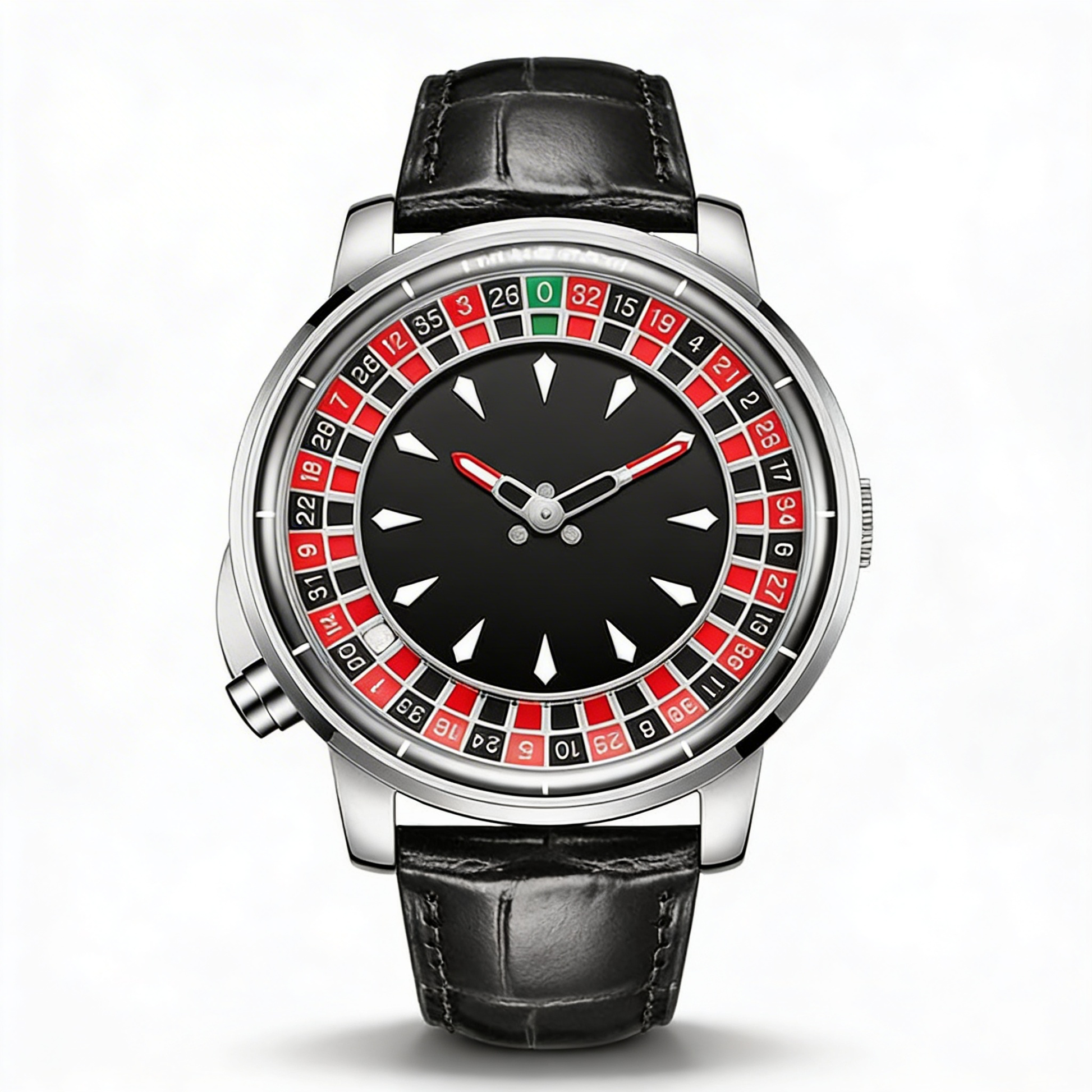 Men's unique roulette dial statement watch with a sleek black face and silver alloy case. Fashion timepiece.