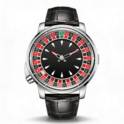 Men's unique roulette dial statement watch with a sleek black face and silver alloy case. Fashion timepiece.
