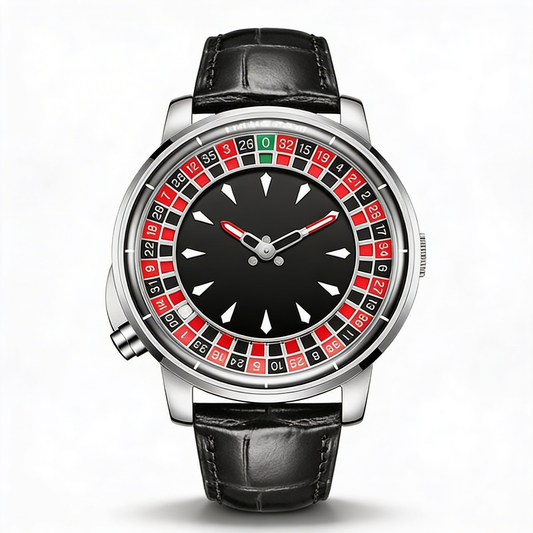 Men's unique roulette dial statement watch with a sleek black face and silver alloy case. Fashion timepiece.