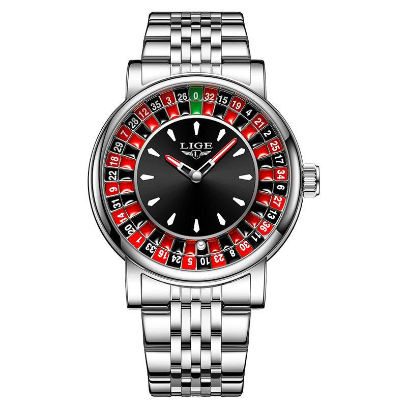 Durable men's roulette dial watch featuring a classic brown leather band & unique statement design. Timepiece.