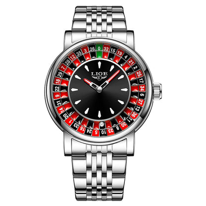 Durable men's roulette dial watch featuring a classic brown leather band & unique statement design. Timepiece.