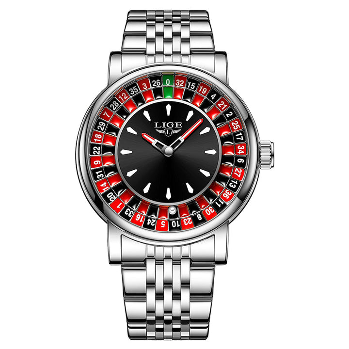 Durable men's roulette dial watch featuring a classic brown leather band & unique statement design. Timepiece.