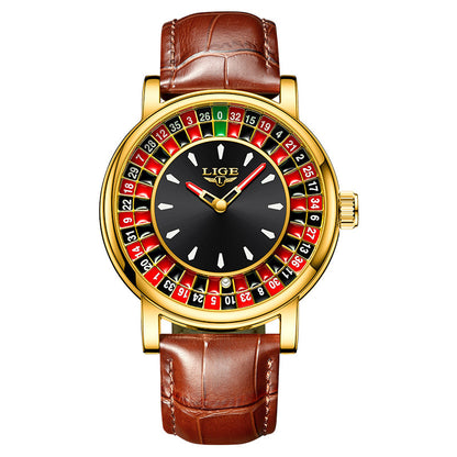 Stylish men's roulette dial watch with a polished silver steel band, a bold statement fashion accessory.