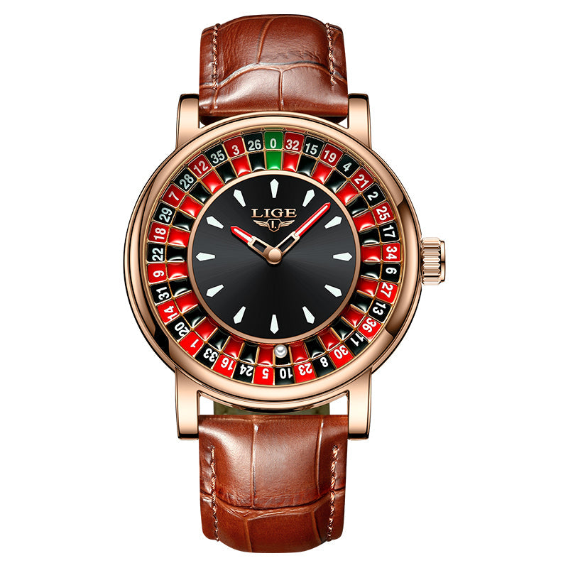 Close-up of men's roulette dial statement watch, showcasing intricate dial design and alloy case. Unique timepiece.