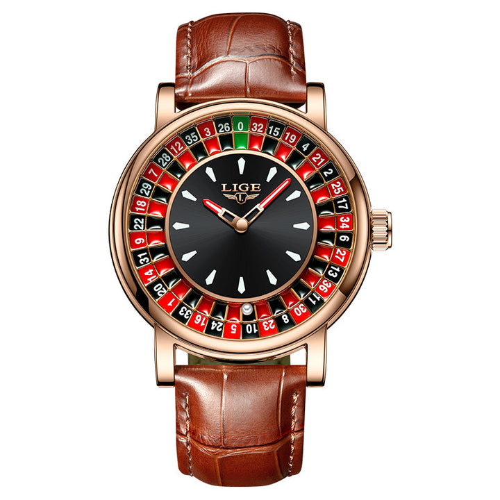 Close-up of men's roulette dial statement watch, showcasing intricate dial design and alloy case. Unique timepiece.