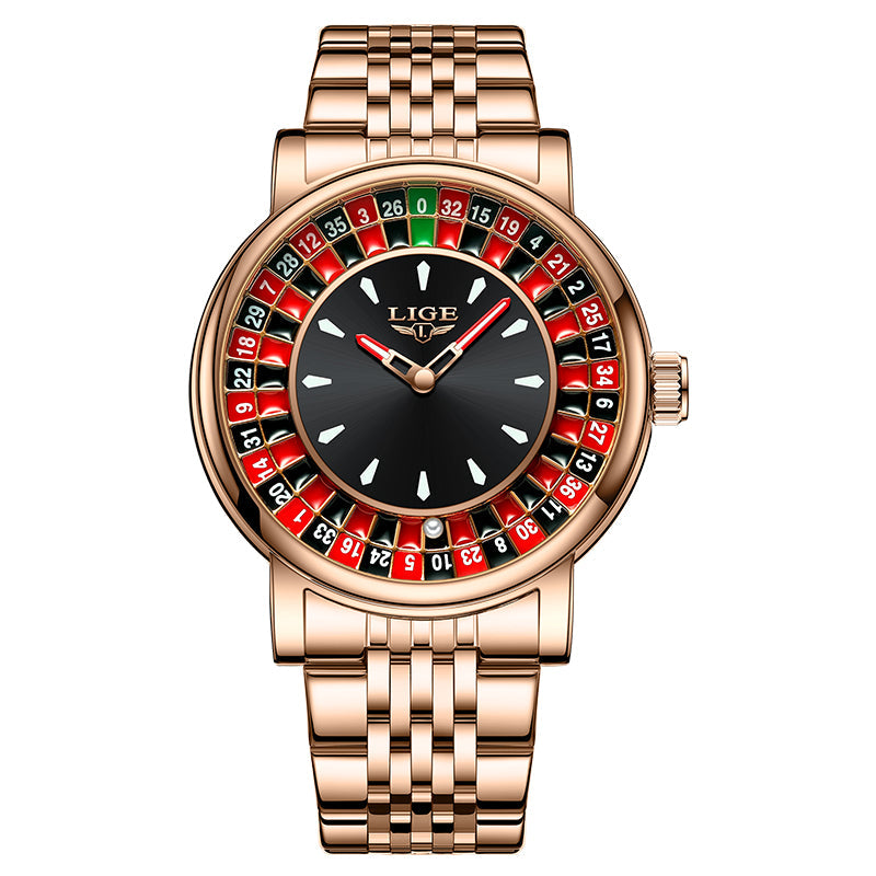 Men's fashion roulette dial statement watch worn on a wrist, combining unique style with a durable design.