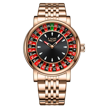 Men's fashion roulette dial statement watch worn on a wrist, combining unique style with a durable design.