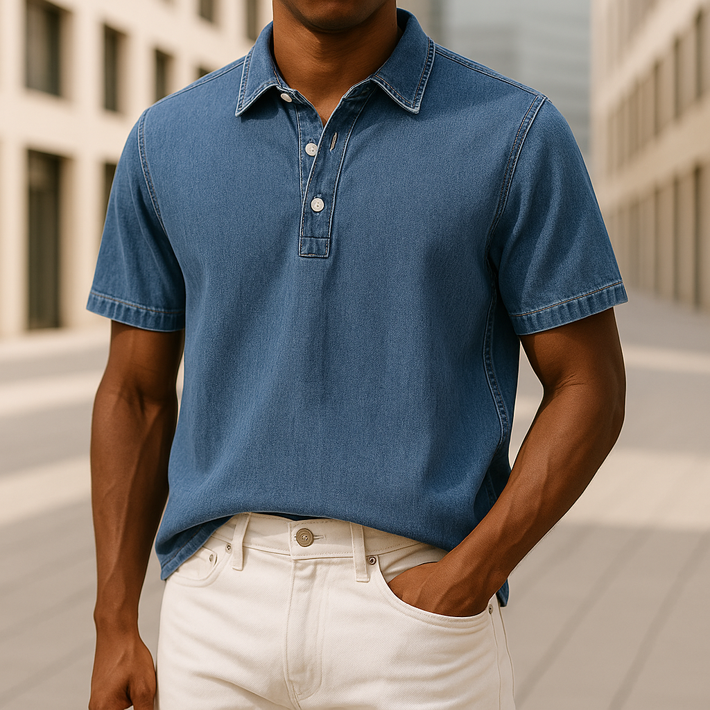 Men's unique textured navy polo shirt, relaxed fit for stylish casual everyday wear. Modern collared design.