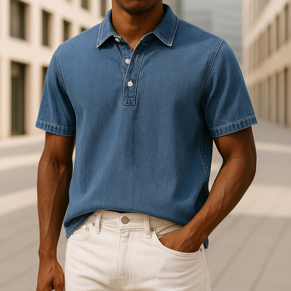 Men's unique textured navy polo shirt, relaxed fit for stylish casual everyday wear. Modern collared design.