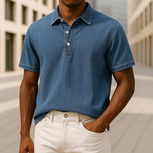 Men's unique textured navy polo shirt, relaxed fit for stylish casual everyday wear. Modern collared design.
