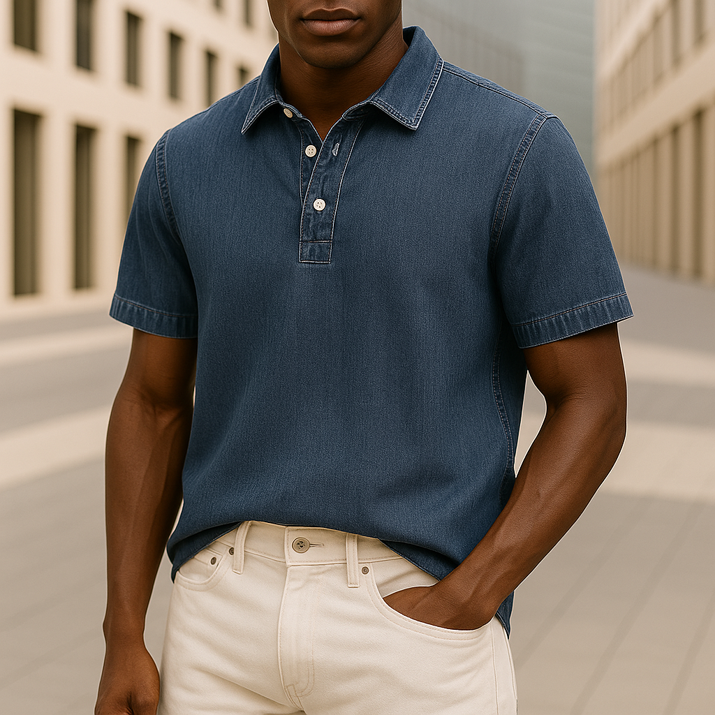 Stylish men's blue textured polo shirt, comfortable relaxed fit. Perfect casual collared shirt for modern everyday wear.