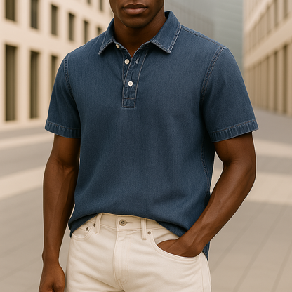 Stylish men's blue textured polo shirt, comfortable relaxed fit. Perfect casual collared shirt for modern everyday wear.