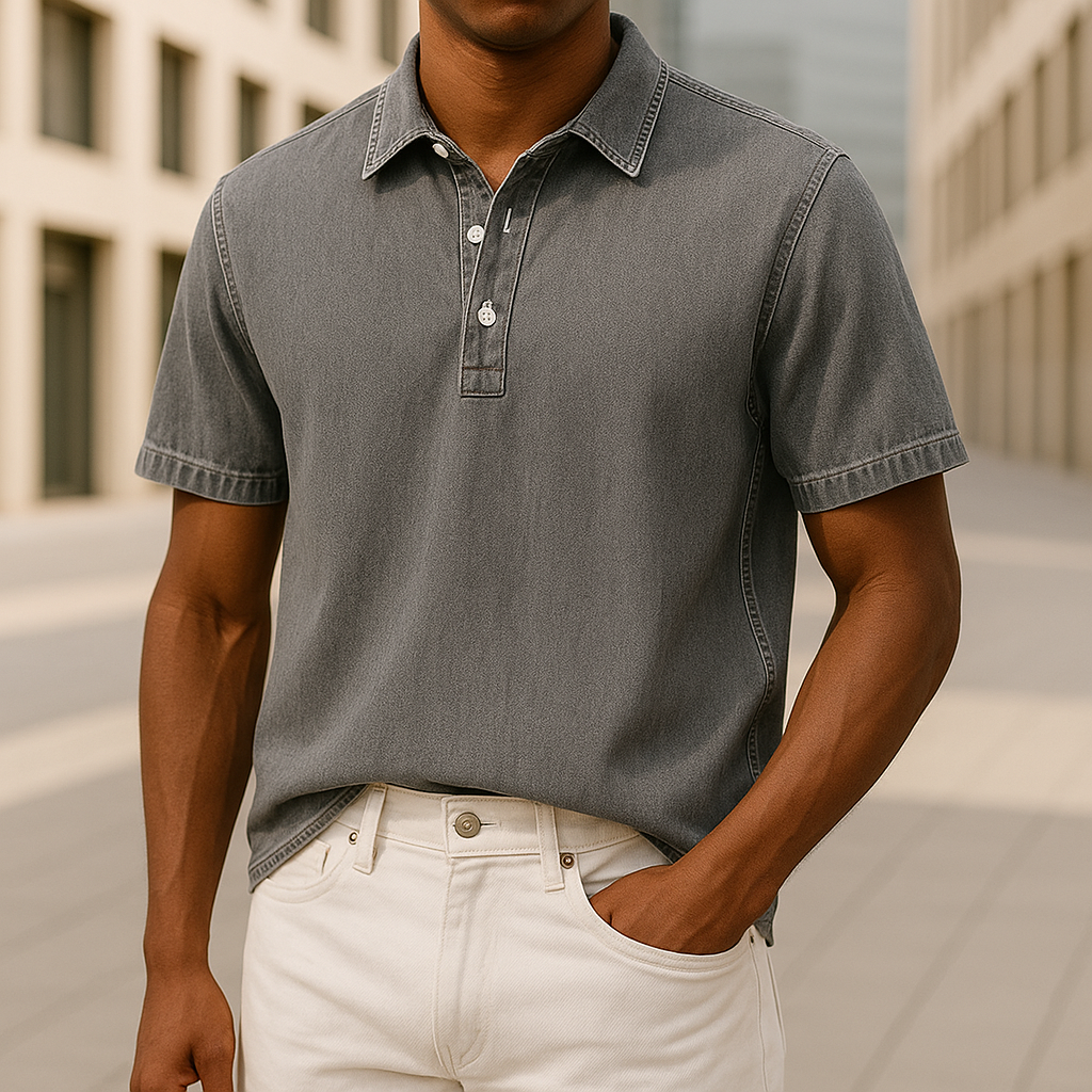 Modern men's gray textured polo shirt. Unique collared casual shirt with relaxed fit, ideal for stylish everyday wear.
