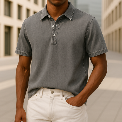 Modern men's gray textured polo shirt. Unique collared casual shirt with relaxed fit, ideal for stylish everyday wear.