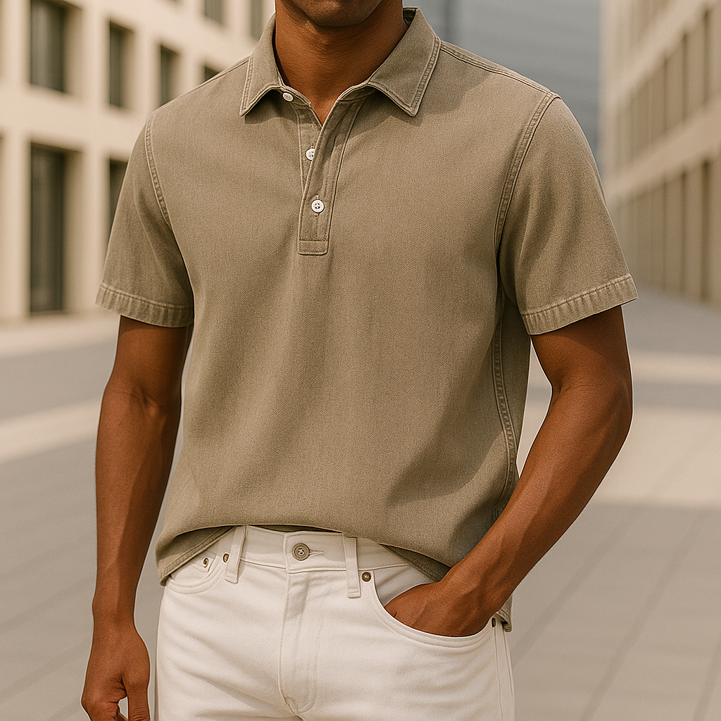 Khaki men's unique textured polo shirt, relaxed fit. A modern, stylish casual collared shirt for comfortable everyday wear.