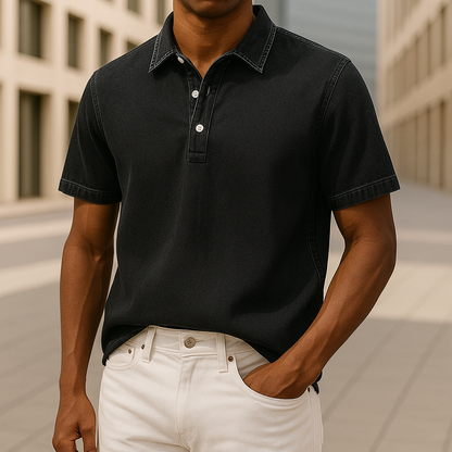Black men's textured polo shirt, relaxed fit. Stylish collared casual shirt with unique modern design for everyday comfort.
