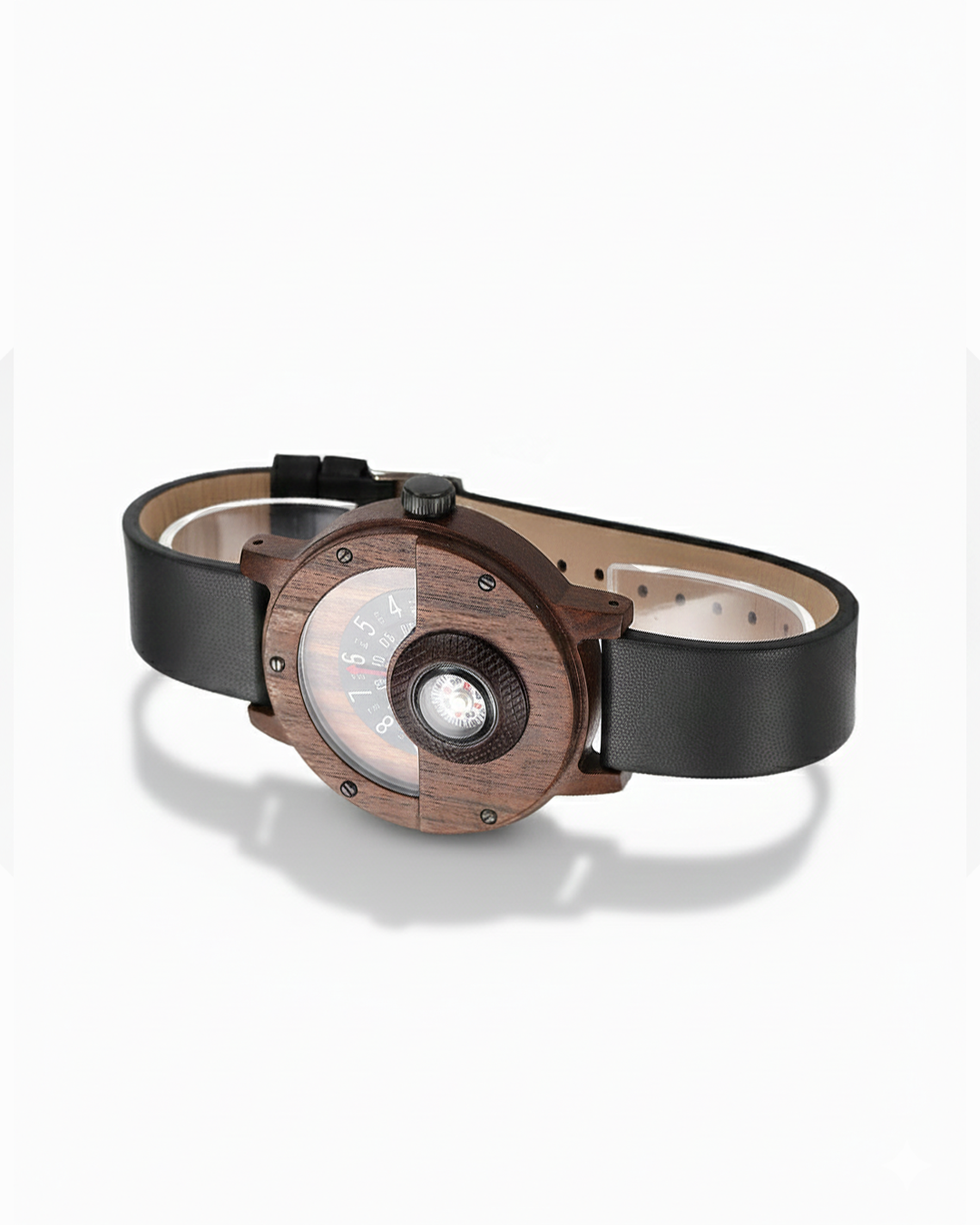 Men's unique wood watch with brown leather strap, featuring a distinctive compass dial.