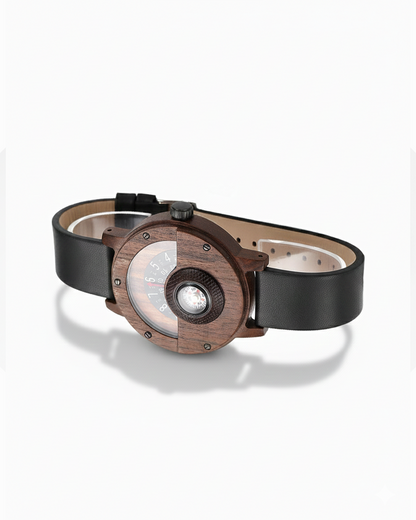 Men's unique wood watch with brown leather strap, featuring a distinctive compass dial.