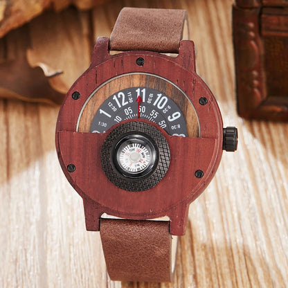 Men's casual bamboo wood watch with a genuine leather strap, a stylish & eco-friendly accessory.