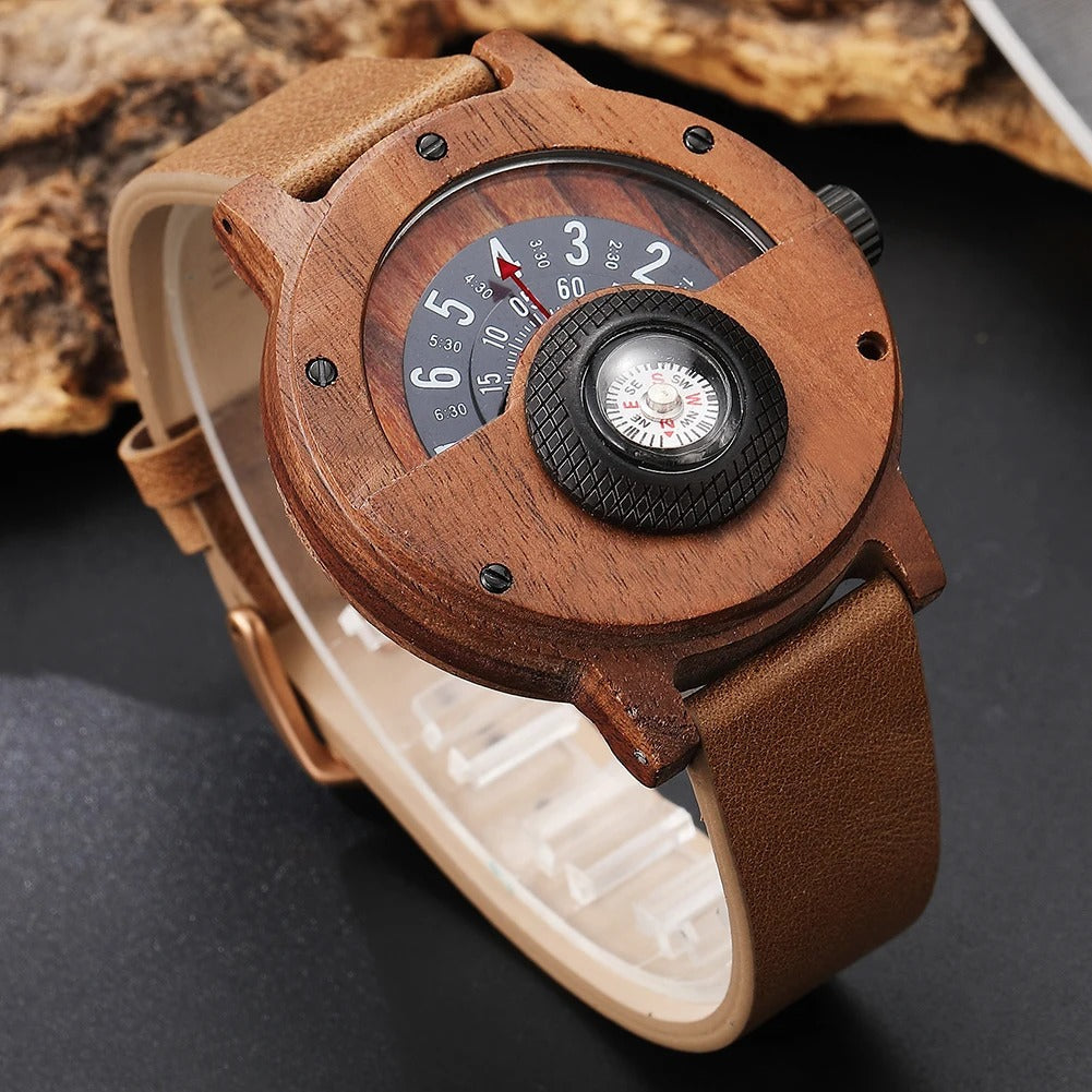 Unique men's wood watch with a sleek leather band, ideal for a modern rustic aesthetic.
