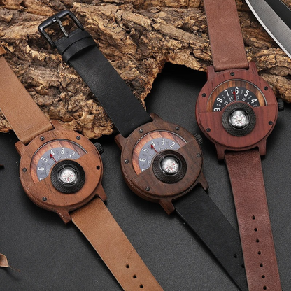 Men's wood watch with a black leather strap, quartz movement, and compass dial.