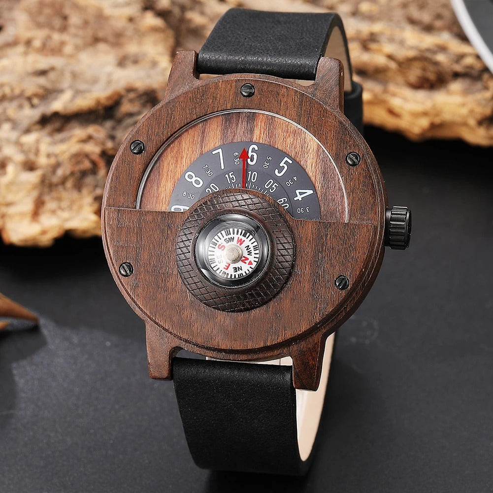 Rustic men's bamboo wood watch with a genuine leather band, perfect for a casual look.
