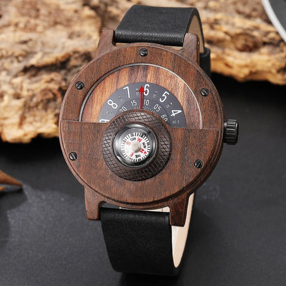 Rustic men's bamboo wood watch with a genuine leather band, perfect for a casual look.