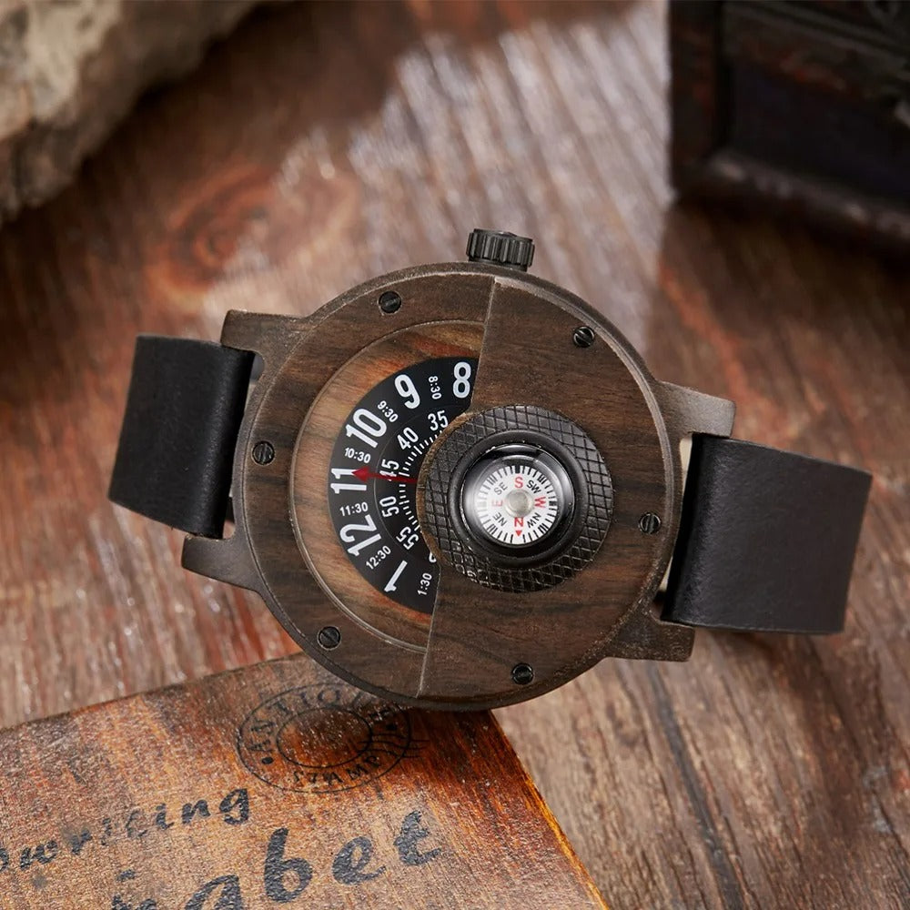 Stylish men's quartz wood watch, showcasing a unique design and comfortable leather strap.